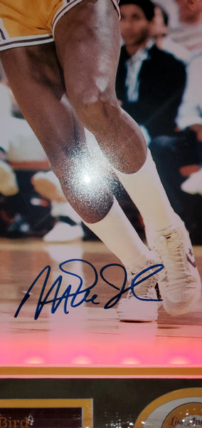 Boston Celtics/Los Angeles Lakers Larry Bird & Magic Johnson LED Framed Autographed 16x20 Photo with Suede (BAS)