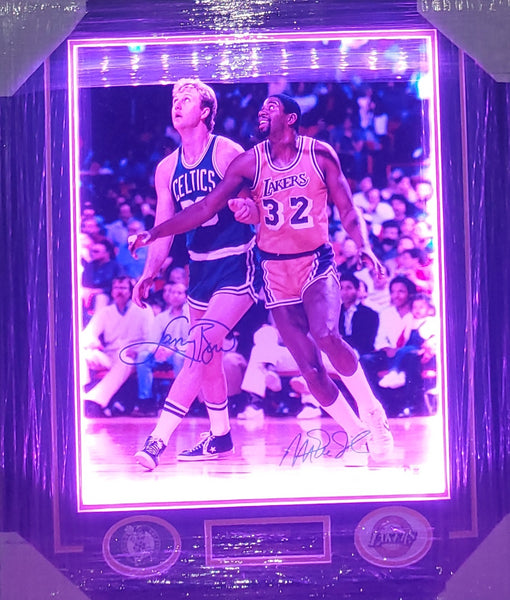 Boston Celtics/Los Angeles Lakers Larry Bird & Magic Johnson LED Framed Autographed 16x20 Photo with Suede (BAS)