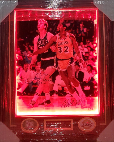 Boston Celtics/Los Angeles Lakers Larry Bird & Magic Johnson LED Framed Autographed 16x20 Photo with Suede (BAS)