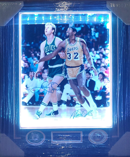 Boston Celtics/Los Angeles Lakers Larry Bird & Magic Johnson LED Framed Autographed 16x20 Photo with Suede (BAS)