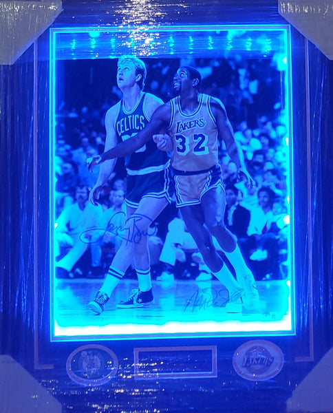 Boston Celtics/Los Angeles Lakers Larry Bird & Magic Johnson LED Framed Autographed 16x20 Photo with Suede (BAS)