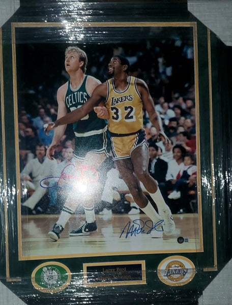 Boston Celtics/Los Angeles Lakers Larry Bird & Magic Johnson LED Framed Autographed 16x20 Photo with Suede (BAS)