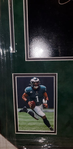 Philadelphia Eagles Video Framed Jalen Hurts Autographed 16x20 with suede upgrade (JSA)