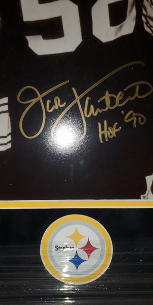 Pittsburgh Steelers Framed Linebackers Jack Ham, Jack Lambert, & Andy Russell Autographed 16x20 Photo with HOF 88, HOF '90 & 2X S.B Champs inscriptions with suede upgrade (BAS)