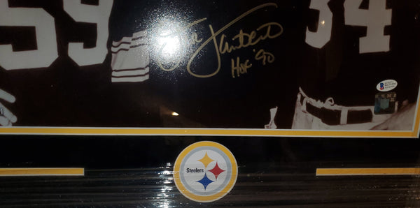 Pittsburgh Steelers Framed Linebackers Jack Ham, Jack Lambert, & Andy Russell Autographed 16x20 Photo with HOF 88, HOF '90 & 2X S.B Champs inscriptions with suede upgrade (BAS)