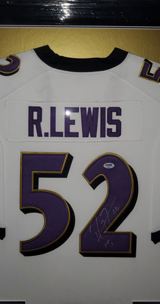 Baltimore Ravens Ray Lewis Framed Autographed Custom Jersey with HOF 18 inscription (PSA)
