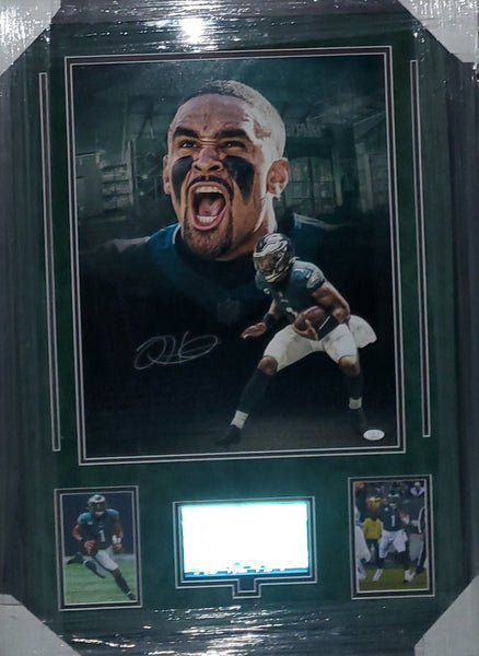 Philadelphia Eagles Video Framed Jalen Hurts Autographed 16x20 with suede upgrade (JSA)