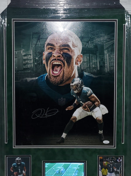 Philadelphia Eagles Video Framed Jalen Hurts Autographed 16x20 with suede upgrade (JSA)