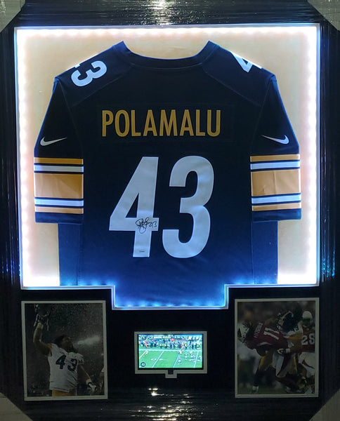 Pittsburgh Steelers Troy Polamalu Video/LED Framed Autographed Authentic Nike Replica Jersey with Double Suede (JSA)