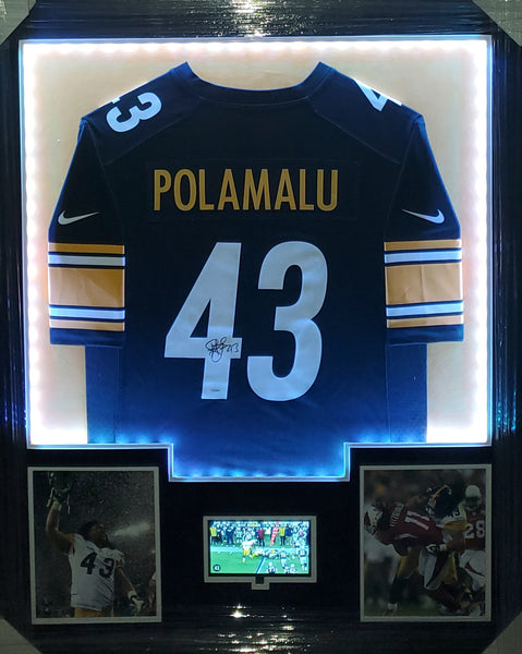 Pittsburgh Steelers Troy Polamalu Video/LED Framed Autographed Authentic Nike Replica Jersey with Double Suede (JSA)