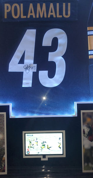 Pittsburgh Steelers Troy Polamalu Video/LED Framed Autographed Authentic Nike Replica Jersey with Double Suede (JSA)