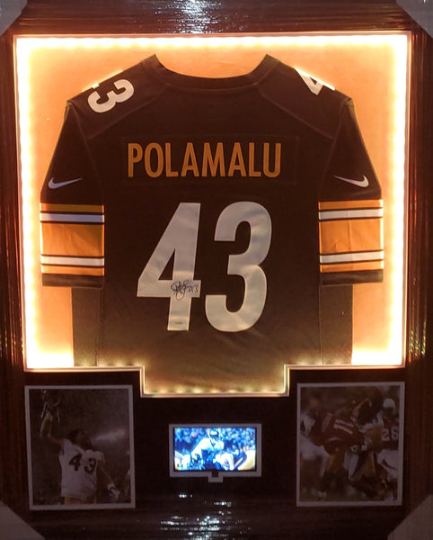 Pittsburgh Steelers Troy Polamalu Video/LED Framed Autographed Authentic Nike Replica Jersey with Double Suede (JSA)