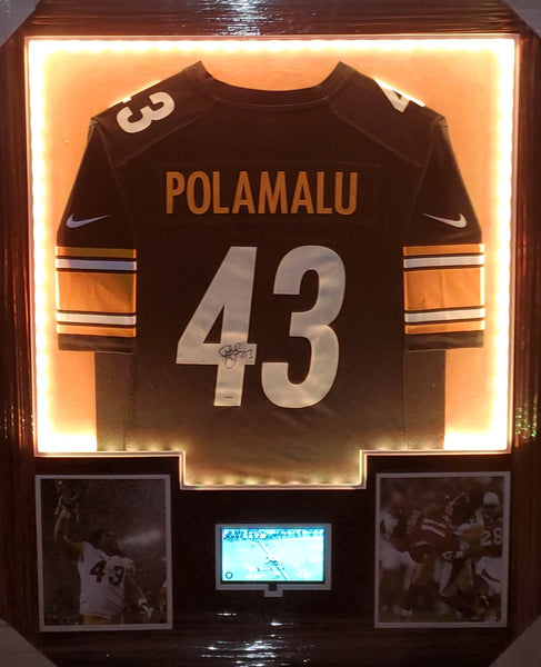 Pittsburgh Steelers Troy Polamalu Video/LED Framed Autographed Authentic Nike Replica Jersey with Double Suede (JSA)
