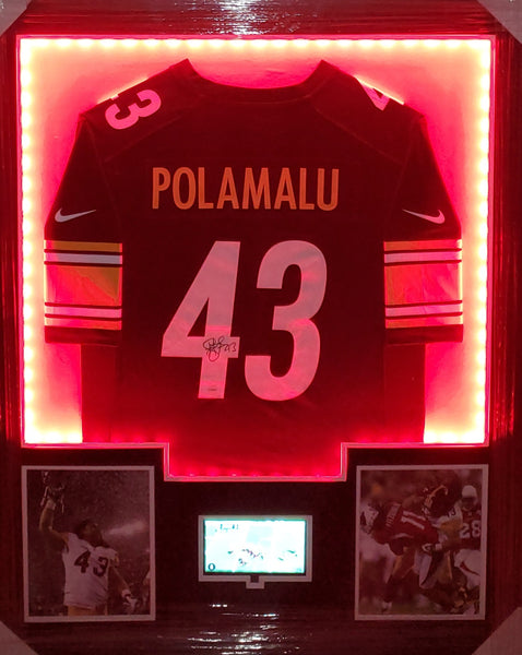 Pittsburgh Steelers Troy Polamalu Video/LED Framed Autographed Authentic Nike Replica Jersey with Double Suede (JSA)