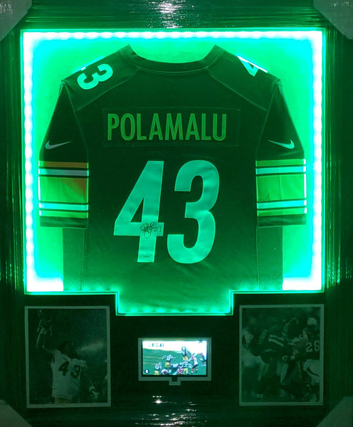 Pittsburgh Steelers Troy Polamalu Video/LED Framed Autographed Authentic Nike Replica Jersey with Double Suede (JSA)