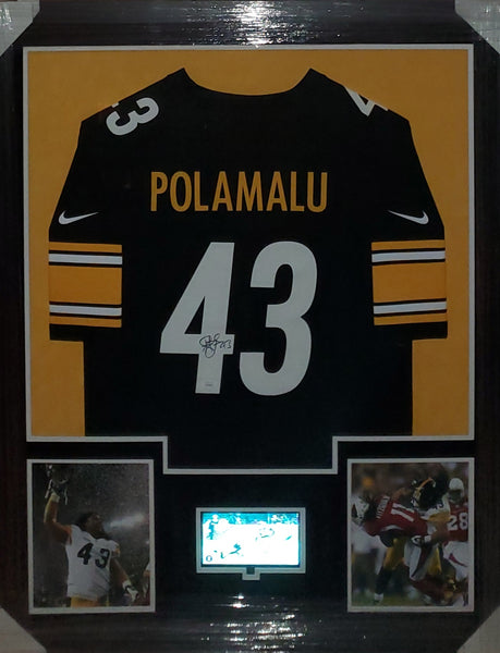Pittsburgh Steelers Troy Polamalu Video/LED Framed Autographed Authentic Nike Replica Jersey with Double Suede (JSA)