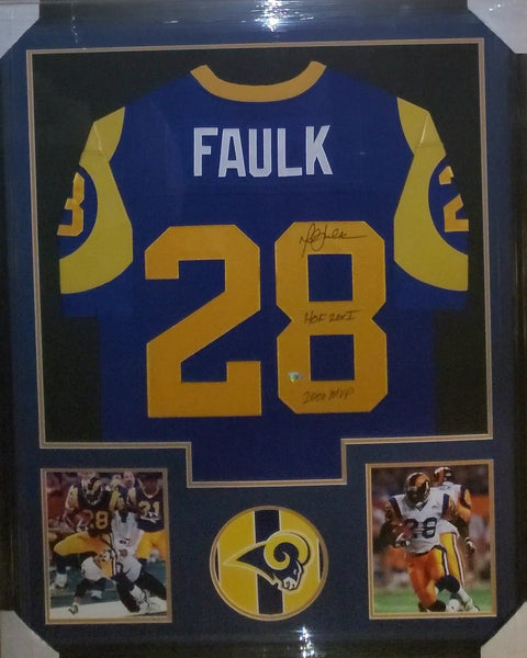 Los Angeles Rams Marshall Faulk Framed Autographed Authentic Mitchell & Ness NFL Legacy 1999 Throwback Jersey with Multiple Inscriptions (Fanatics)
