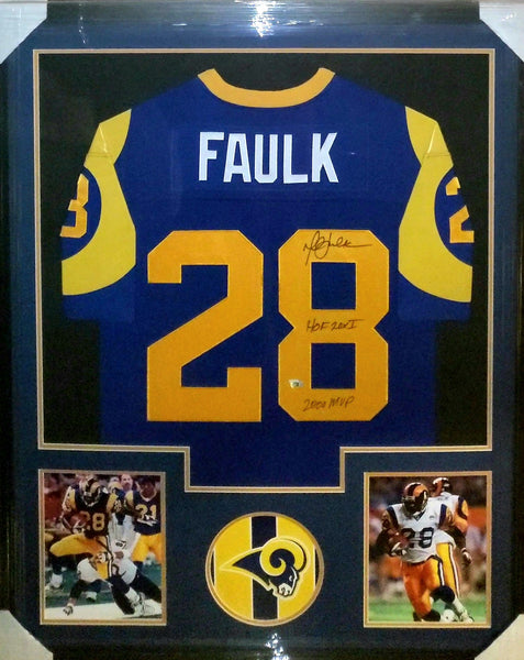Los Angeles Rams Marshall Faulk Framed Autographed Authentic Mitchell & Ness NFL Legacy 1999 Throwback Jersey with Multiple Inscriptions (Fanatics)