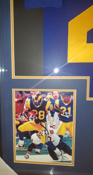 Los Angeles Rams Marshall Faulk Framed Autographed Authentic Mitchell & Ness NFL Legacy 1999 Throwback Jersey with Multiple Inscriptions (Fanatics)