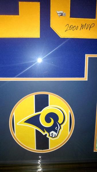 Los Angeles Rams Marshall Faulk Framed Autographed Authentic Mitchell & Ness NFL Legacy 1999 Throwback Jersey with Multiple Inscriptions (Fanatics)