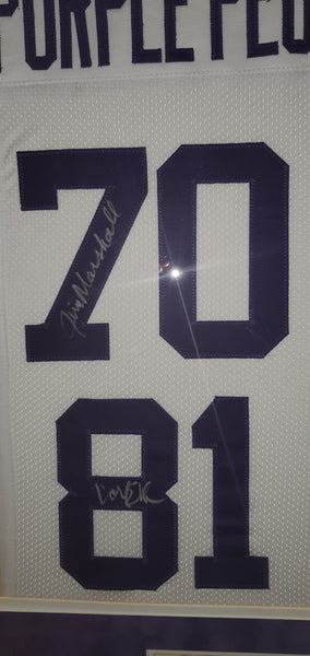 Minnesota Vikings Purple People Eaters Framed Autographed by All Four Lineman Alan Page, Carl Eller, Jim Marshall, & Gary Larsen Custom Jersey with Suede Upgrade (BAS)
