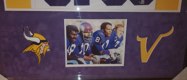 Minnesota Vikings Purple People Eaters Framed Autographed by All Four Lineman Alan Page, Carl Eller, Jim Marshall, & Gary Larsen Custom Jersey with Suede Upgrade (BAS)