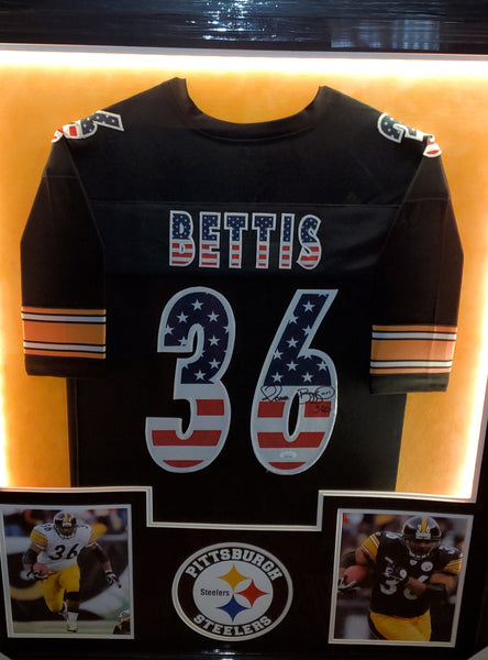 Pittsburgh Steelers Jerome Bettis Framed Autographed Custom Flag Jersey with LED Lights & Suede Upgrade (JSA).
