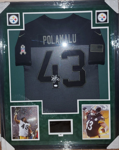 Pittsburgh Steelers Troy Polamalu Autographed Authentic Nike Salute to Service Video Framed Jersey with Suede Upgrade (JSA)