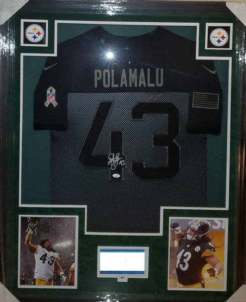 Pittsburgh Steelers Troy Polamalu Autographed Authentic Nike Salute to Service Video Framed Jersey with Suede Upgrade (JSA)