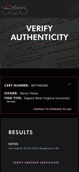 Darryl Talley Autographed Custom West Virginia Jersey (JSA)
