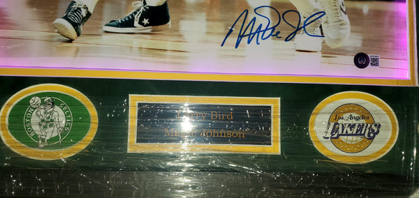 Boston Celtics/Los Angeles Lakers Larry Bird & Magic Johnson LED Framed Autographed 16x20 Photo with Suede (BAS)