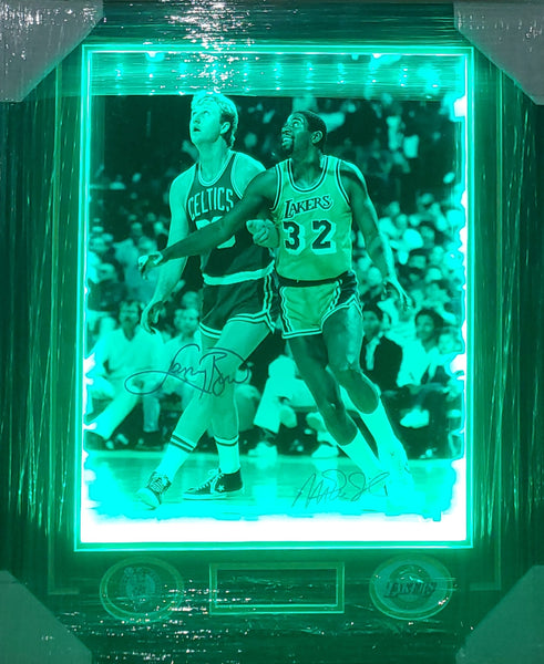 Boston Celtics/Los Angeles Lakers Larry Bird & Magic Johnson LED Framed Autographed 16x20 Photo with Suede (BAS)