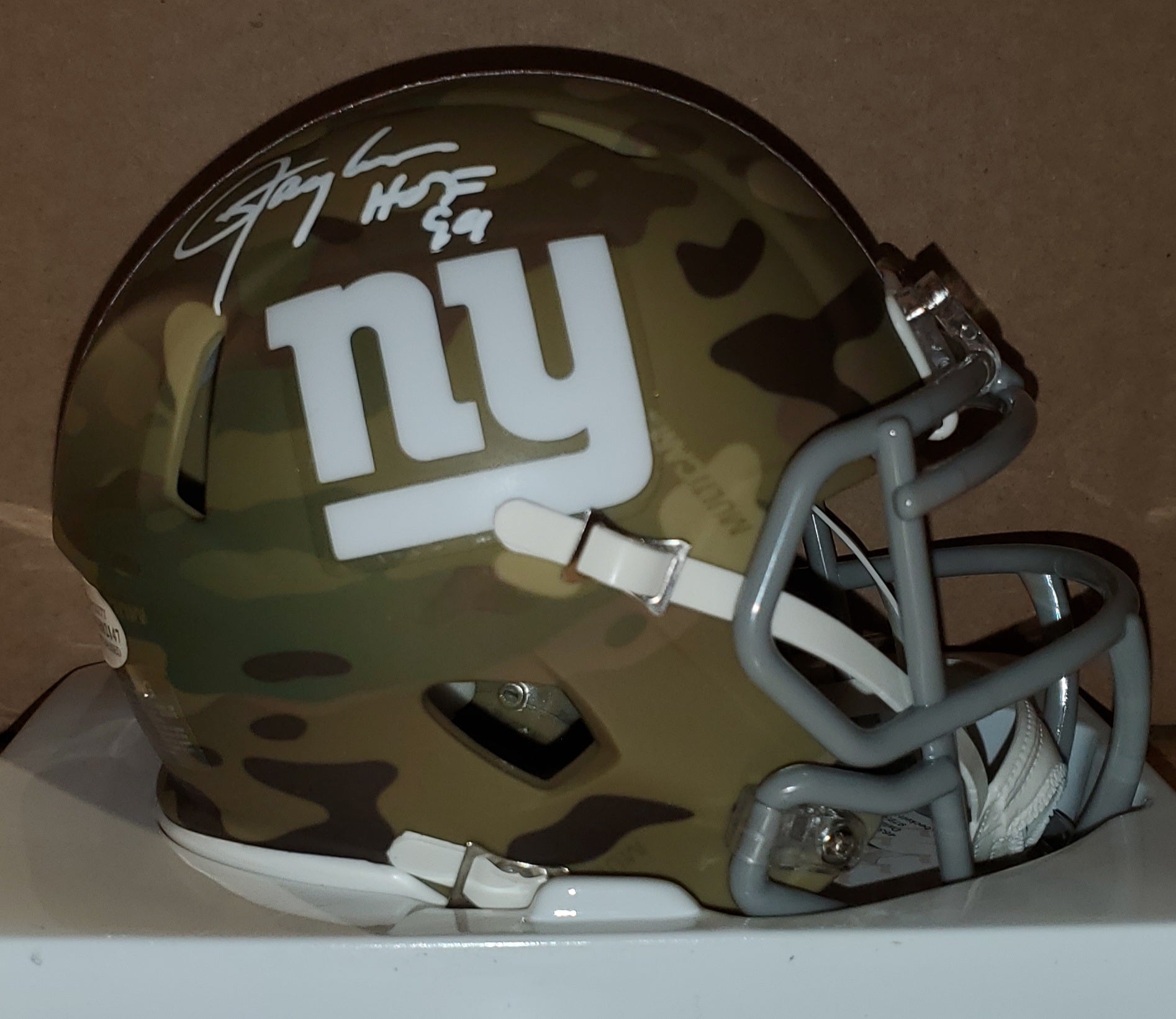 New York Giants Lawrence Taylor Autographed Camo Speed Mini Helmet with HOF99 Inscription (BAS)