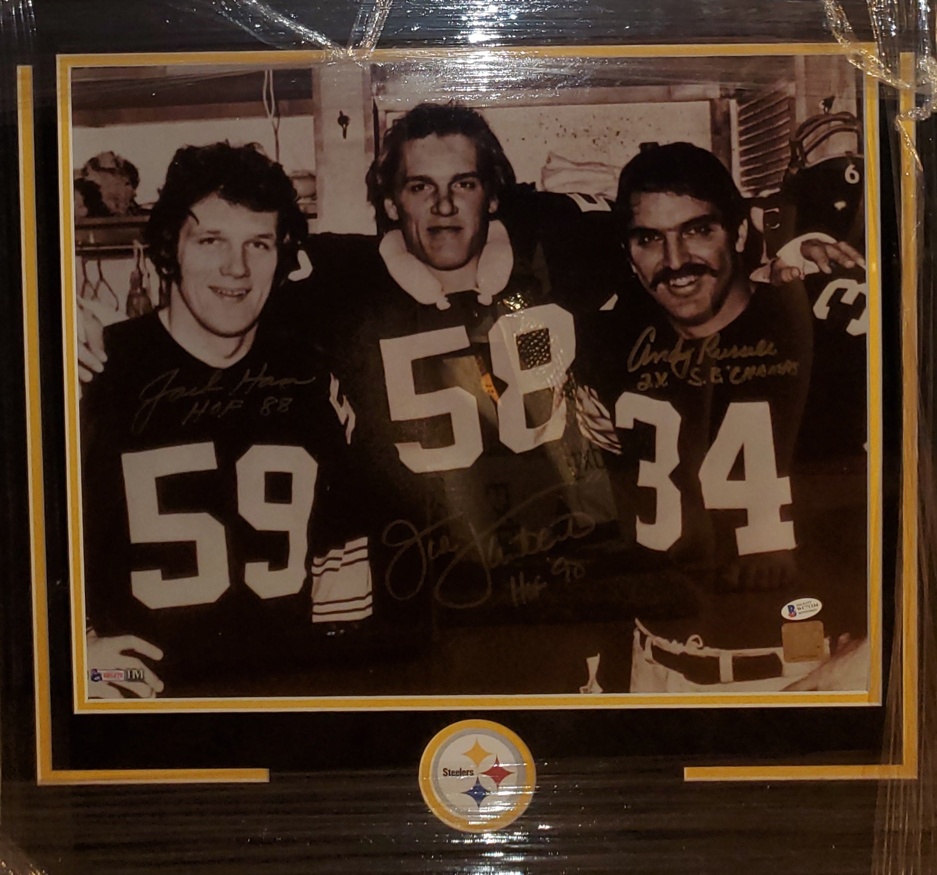 Pittsburgh Steelers Framed Linebackers Jack Ham, Jack Lambert, & Andy Russell Autographed 16x20 Photo with HOF 88, HOF '90 & 2X S.B Champs inscriptions with suede upgrade (BAS)