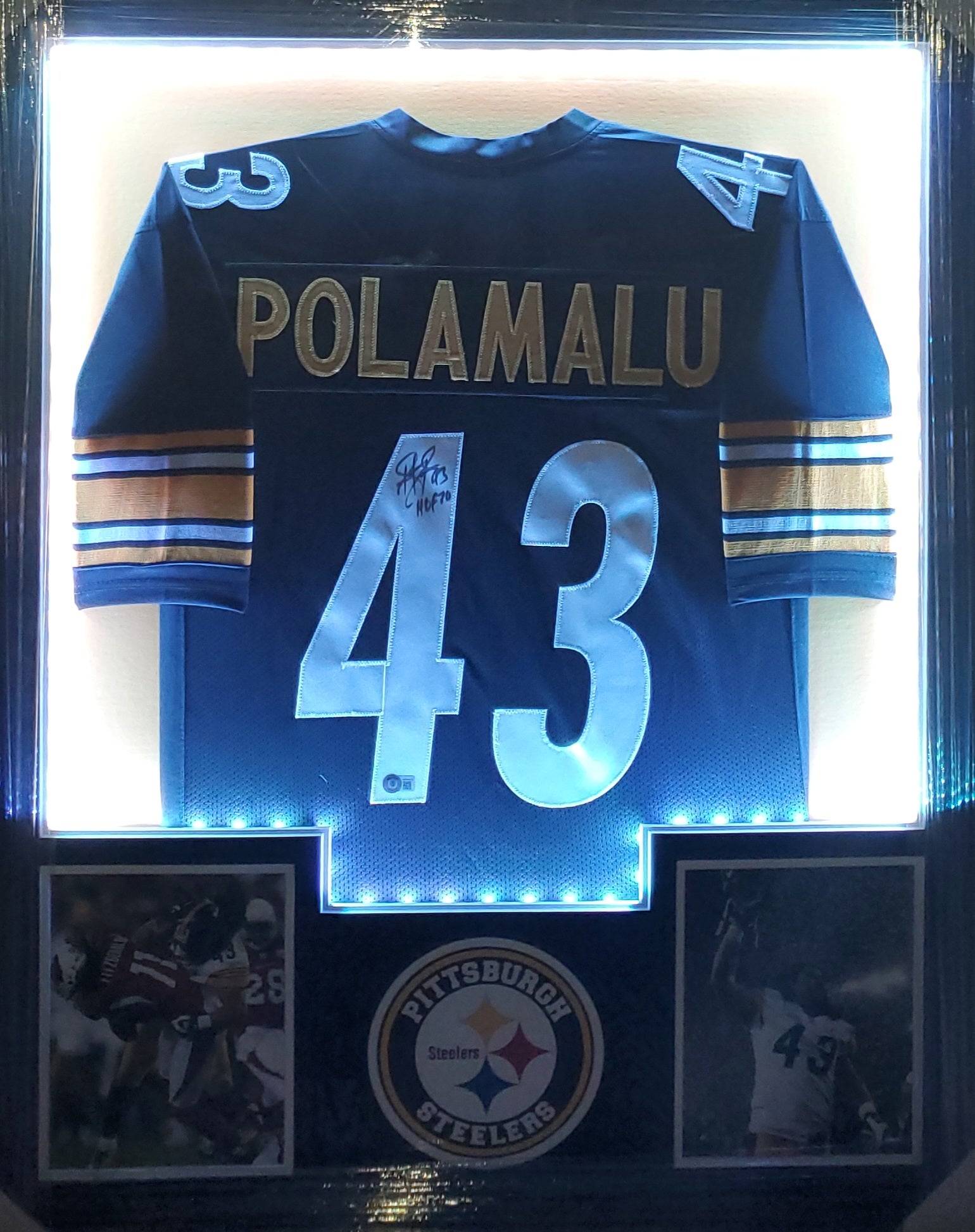 Pittsburgh Steelers Troy Polamalu Framed Autographed Custom Jersey with HOF20 Inscription with LED Lights (BAS)