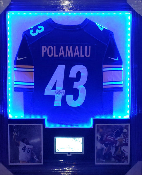 Pittsburgh Steelers Troy Polamalu Video/LED Framed Autographed Authentic Nike Replica Jersey with Double Suede (JSA)