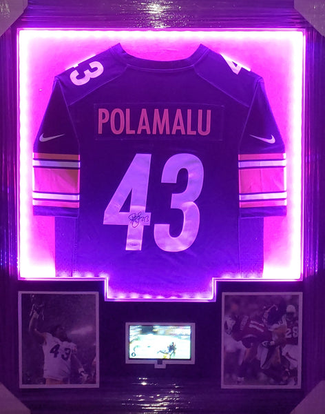 Pittsburgh Steelers Troy Polamalu Video/LED Framed Autographed Authentic Nike Replica Jersey with Double Suede (JSA)