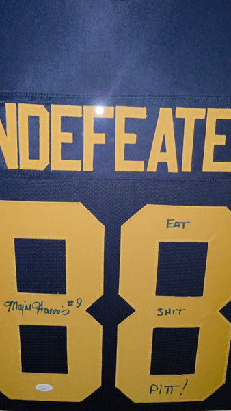 West Virginia Mountaineers Framed Major Harris Custom Jersey with Inscription (JSA)
