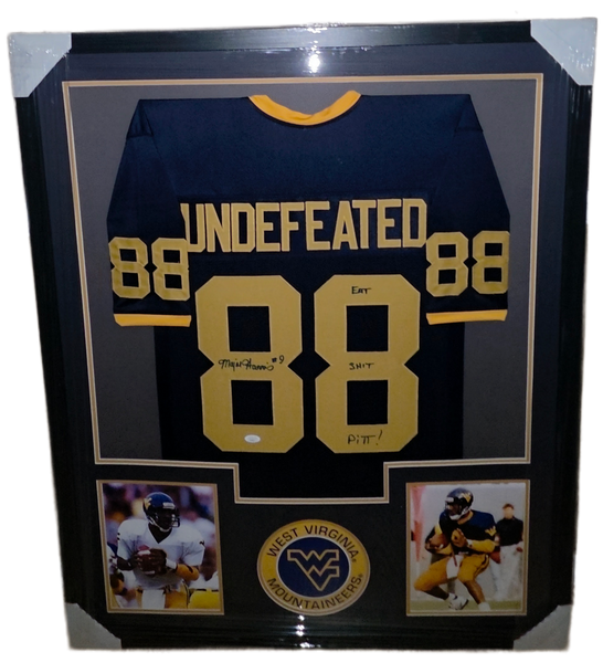 West Virginia Mountaineers Framed Major Harris Custom Jersey with Inscription (JSA)