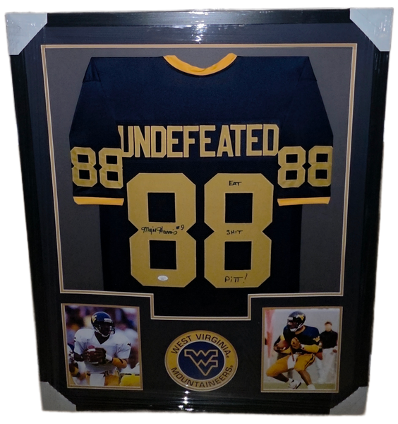 West Virginia Mountaineers Framed Major Harris Custom Jersey with Inscription (JSA)