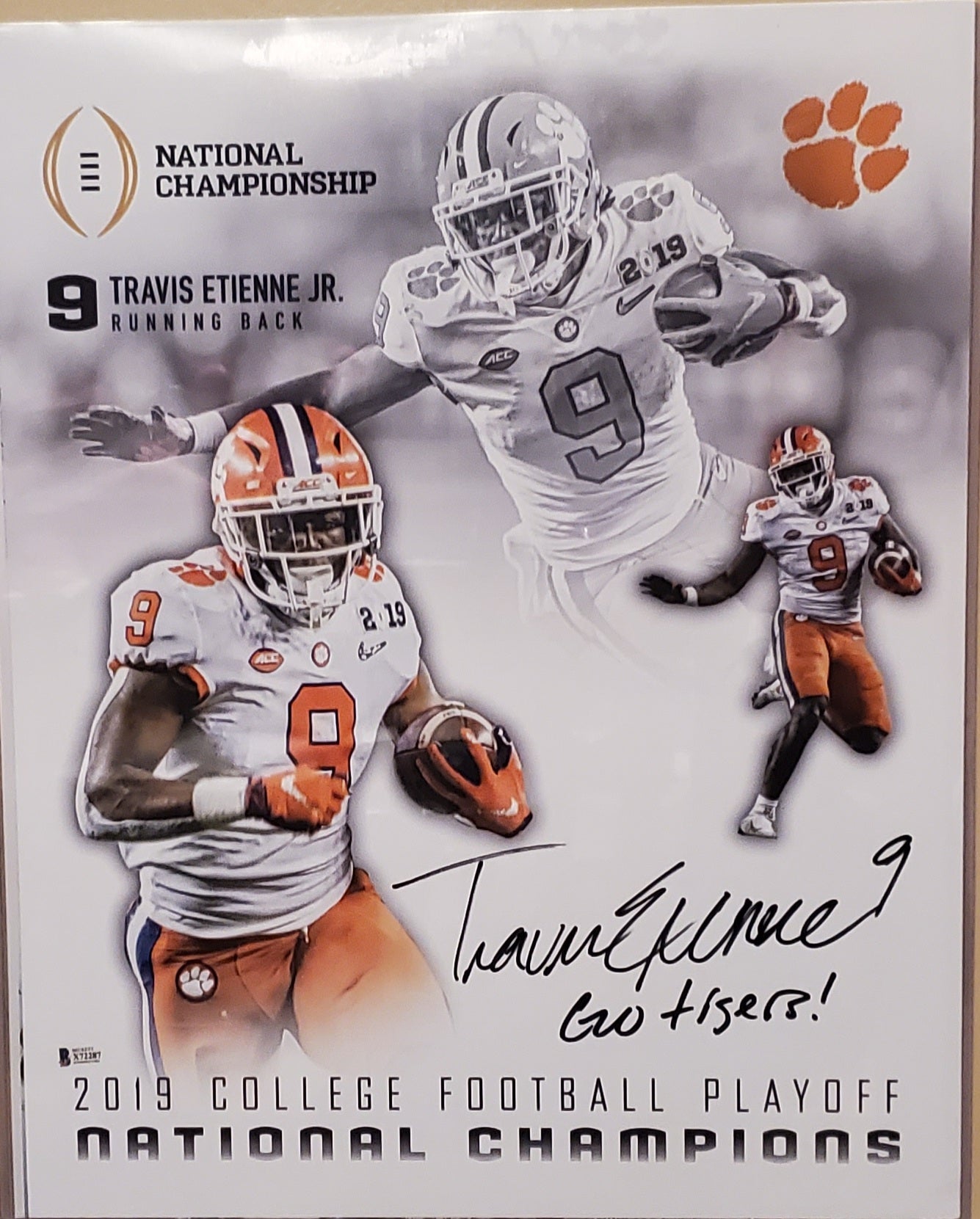 (DAMAGED) Clemson Tigers Travis Etienne 16x20 Autographed Photo with Inscription (BAS).