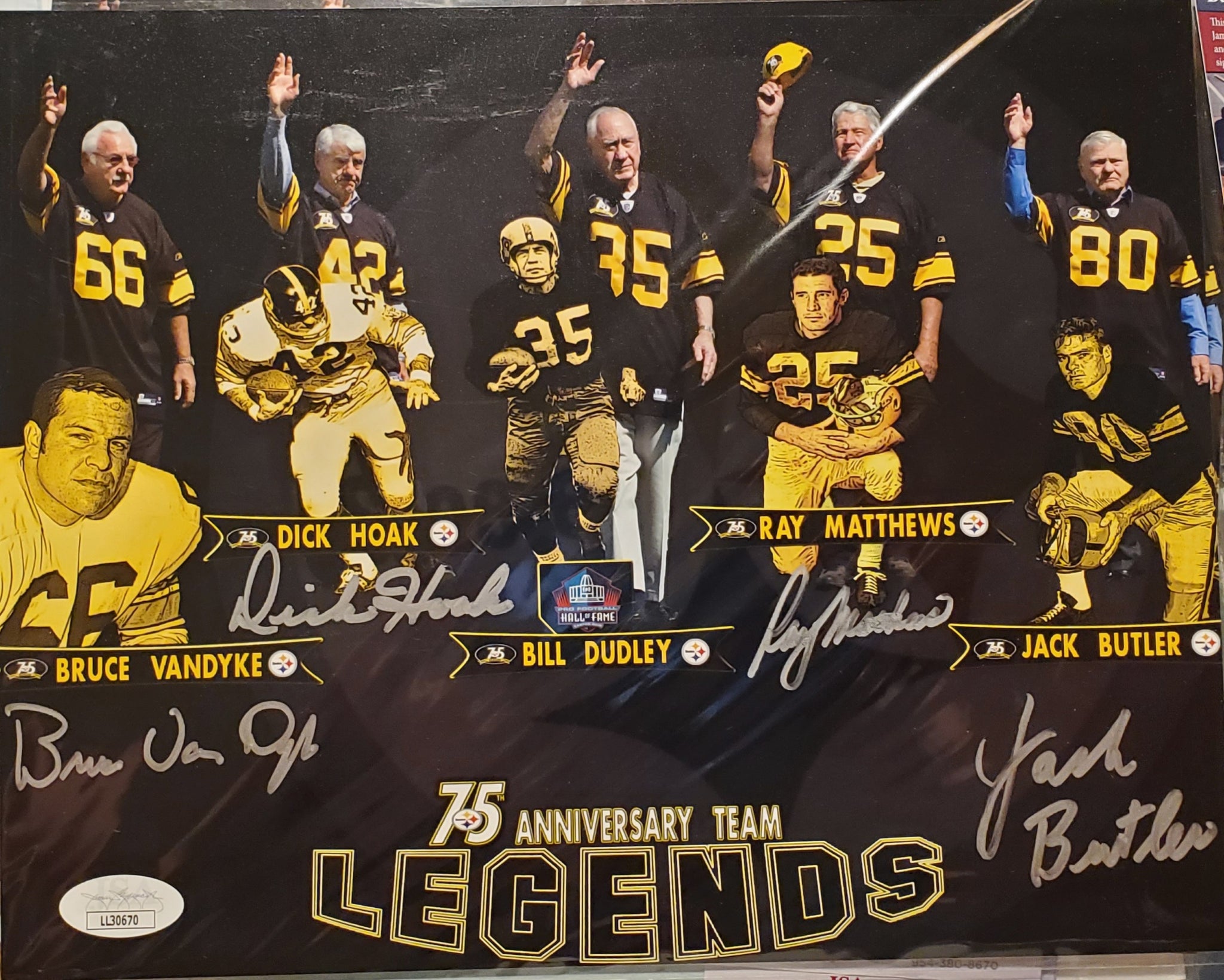 Pittsburgh Steelers Legends autographed 8x10 four signatures Dick Hoak, Jack Butler, Ray Matthews, and Bruce VanDyke (JSA).