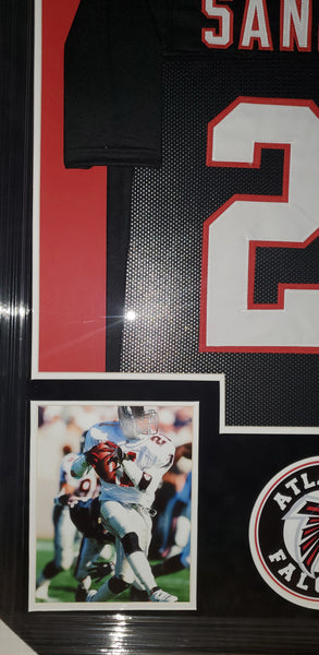 Atlanta Falcons Deion Sanders Framed Autographed Custom Jersey with Suede Upgrade (BAS)