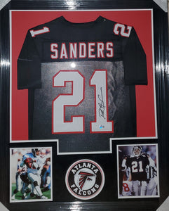 Deion Sanders Signed 35x43 Custom Framed Falcons Jersey Display