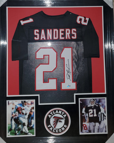 Atlanta Falcons Deion Sanders Framed Autographed Custom Jersey with Suede Upgrade (BAS)