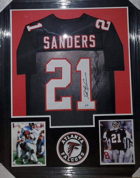 Atlanta Falcons Deion Sanders Framed Autographed Custom Jersey with Suede Upgrade (BAS)