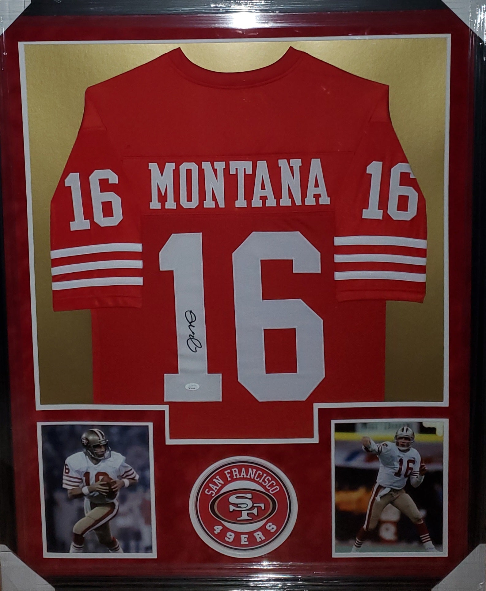 San Francisco 49ers Joe Montana Framed Autographed Custom Jersey with Suede Upgrade (JSA LOA)