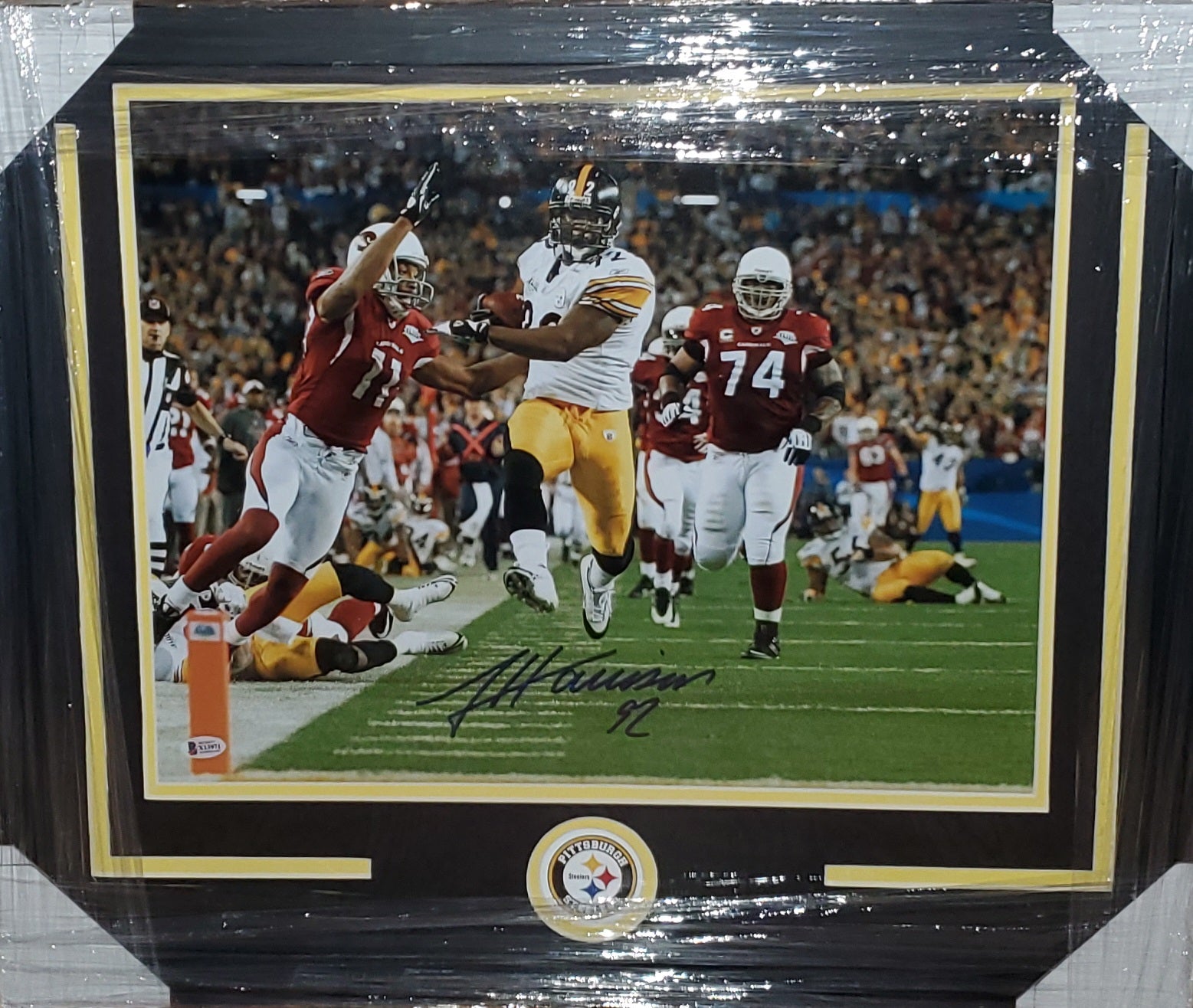 Pittsburgh Steelers Framed James Harrison Autographed 100 Yard Interception Return Super Bowl XLIII 16x20 Photo (BAS)