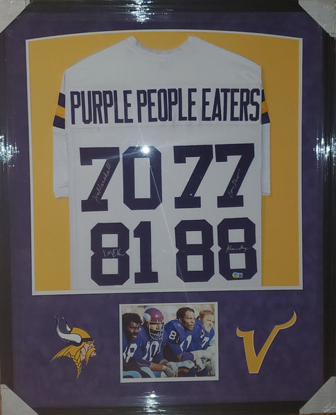 Minnesota Vikings Purple People Eaters Framed Autographed by All Four Lineman Alan Page, Carl Eller, Jim Marshall, & Gary Larsen Custom Jersey with Suede Upgrade (BAS)