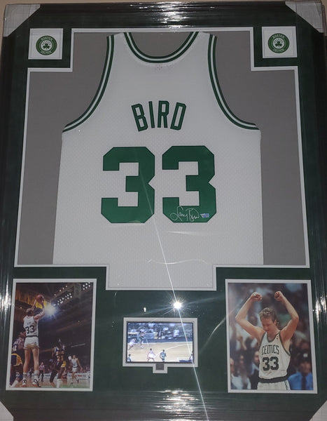 Boston Celtics Larry Bird Video Framed Autographed Authentic Mitchell & Ness Swingman Home Jersey with Suede Upgrade (Fanatics)